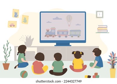 Group of children sit in front of big TV and watch cartoons. Friends have fun, spend time watching TV, entertainment. Funny preschool kids. Room interior with furniture. Flat vector illustration