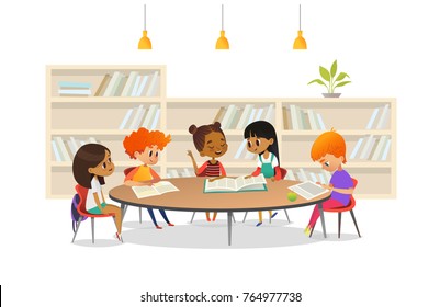 Group of children sitting around table at school library and listening to girl reading book out loud against bookcase or shelving on background. Cartoon vector illustration for banner, poster.
