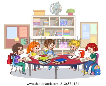 Group of children sitting at desk in school library and studying together. Or shelves on the background. Student study group.cartoon vector illustration.
