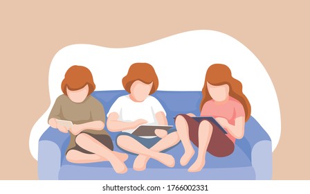 Group of children sitting on the couch using phone and smile happily. 
Playing games with friends, flat illustration