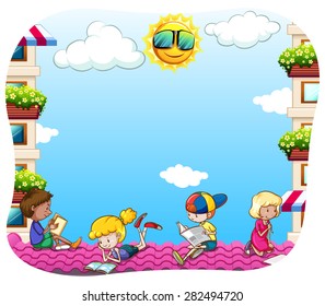 Group of children sitting on the rooftop reading books and newspaper	
