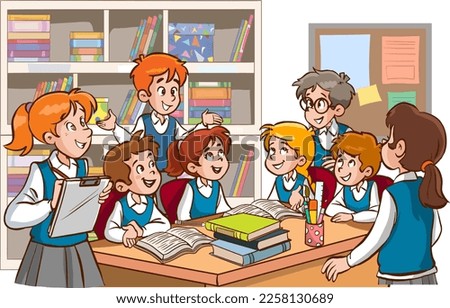 A group of children sitting at the table in the classroom and reading together. Or shelves in the background. Vector illustration of student study group.cartoon.