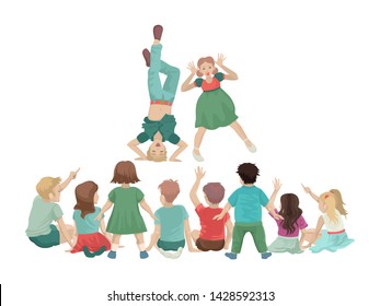 A group of children are sitting, watching the performance of senior students, a theatrical performance, to cheer up children, a holiday in kindergarten. Vector cartoon flat illustration