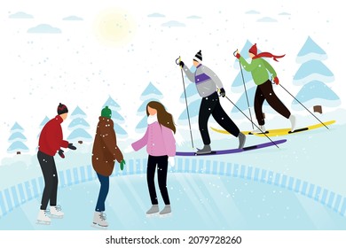 group of children is skating in winter, a man and a woman are skiing in the forest, it is snowing. Cute vector illustration in a flat style. Active winter holidays