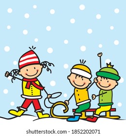 group of children and sleigh, vector illustration