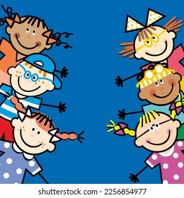 Group of children, smiling children, conceptual illustration, template, blue background, vector image. Square composition.