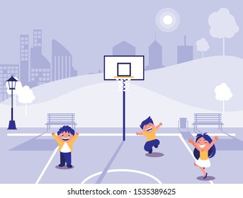 group of children smiling in park in the city vector illustration design
