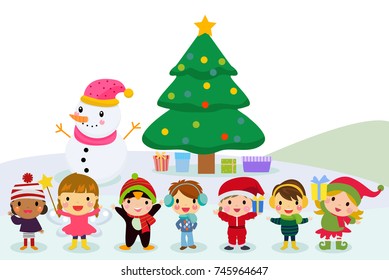 Group of children and snowman