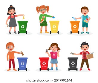 Group of children sorting garbage, such as organic, paper, plastic, glass, metal, and batteries waste and throw into trash bins with different colors. Kids recycling for save the earth concept.