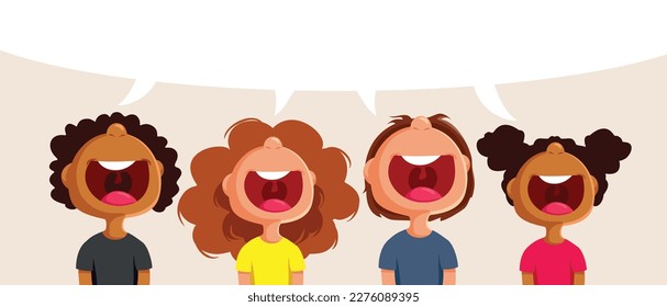 
Group of Children Speaking Together at Once Vector Illustration. Happy school kids talking and singing all at the same time
