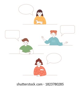Grupo de niños con burbujas de habla. Plantilla de diálogo para proyectos escolares y educativos. Conceptos con espacio de copia para la conversación de visualización, discusión. Ilustración vectorial. Gente sonriente.