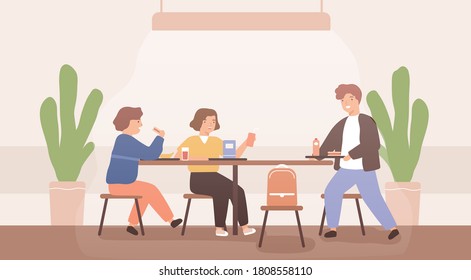 Group of children spend time together during school break talking and eating in canteen. Schoolchild sitting at table. Pupil holding tray with lunch. Flat vector cartoon illustration.