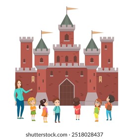 A group of children stand in front of a large castle with three towers and flags, accompanied by a teacher. Ideal for educational activities school excursions historical education childhood learning