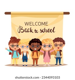 A group of children is standing in front of the banner Welcome Back to School. Square school background with children. Vector illustration.