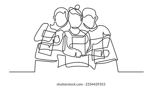 group of children standing hugging books.continuous line vector.isolated white background