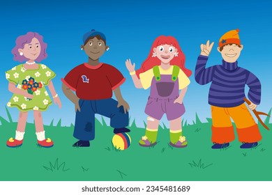 A group of children standing on a field, a boy with a ball, a girl with flowers, a boy with a stick, a girl in a combi, an advertising image, an illustration for a collection of stories