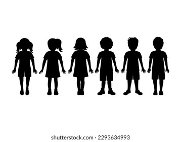 Group of children standing in a row black silhouette vector. Little boys and girls silhouette icon set vector isolated on a white background