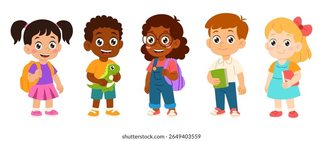 A group of children are standing in a row, each with a backpack. One of the children is holding a green dinosaur toy. The scene is cheerful and playful, with the children looking happy and excited
