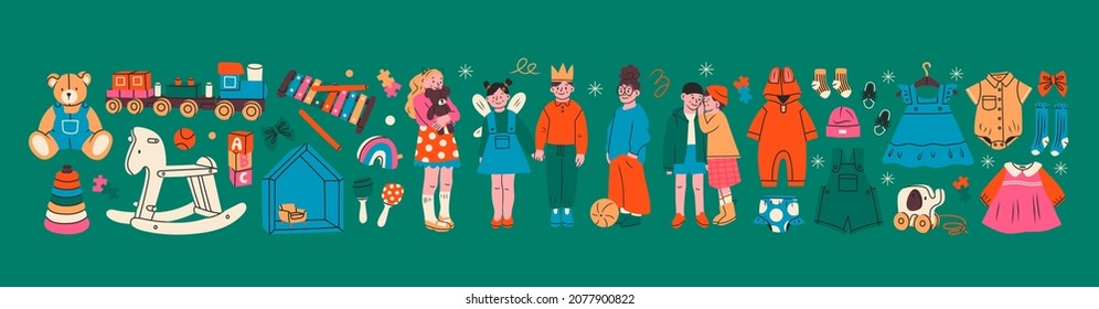 Group of children standing together. Various toys and clothes for kids. Hand drawn big set. Modern Vector illustration. Baby fashion and accessories, preschool activities concept. Cartoon style
