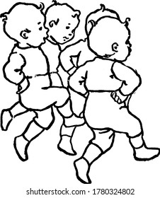 Group of children stepping from one foot to the other with a hop, vintage line drawing or engraving illustration.