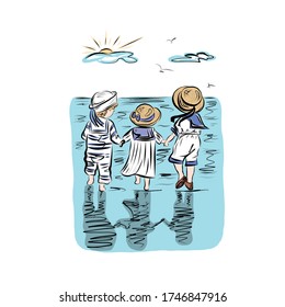 Group of children in straw hats holding hands on seashore. Fun outdoor. Kids on beach in headwears who protecting from sun. Joyful childhood moment summer vacation. 
