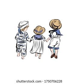 Group of children in straw hats holding hands. Fun outdoor. Kids in headgears who protecting from sun. Joyful childhood moment summer vacation. 