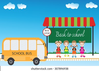 Group of children students at bus stop, back to school , Vector cartoon illustration.