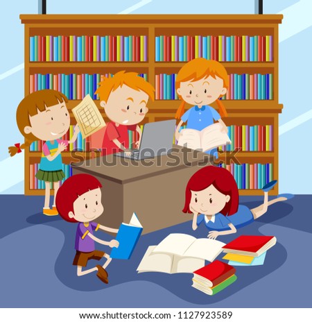 Group of children studying  illustration