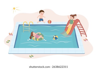 Group of children in swimming pool, cute boy and girls enjoying swim. Children ride down water slide, swim on an inflatable ring in pool. Summer time activity. Pool in resort or tropical beach club.