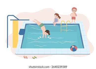 Group of children in swimming pool, cute boy and girls enjoying swim. Children jumping from diving board, swim in pool. Summer time activity. Pool in resort or tropical beach club. vector illustration