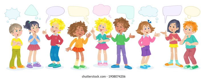 A Group Of Children Is Talking. Conversations With Speech Bubbles. In Cartoon Style. Isolated On White Background. Vector Flat Illustration.