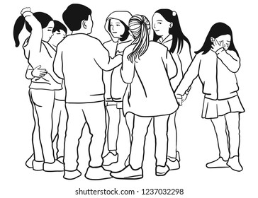 A group of children are talking while the girl is crying. concept lonely.