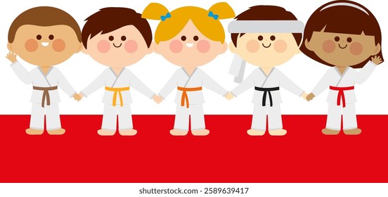 Group of children team in martial arts uniforms. Karate, Taekwondo, judo, jujitsu, kickboxing, or kung fu. Kids athletes, boys and girls.  Vector Illustration