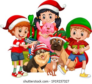 Group of children with their dog wear Christmas costume cartoon character on white background illustration