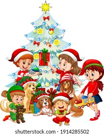 Group of children with their dog wearing Christmas costume on white background illustration