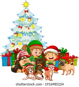 Group of children with their dog wearing Christmas costume on white background illustration