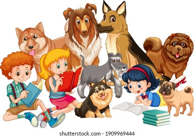 Group of children with their dogs illustration
