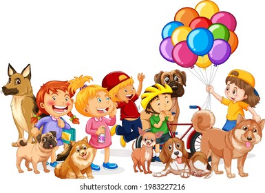 Group of children with their dogs illustration