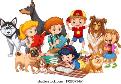 Group of children with their dogs on white background illustration