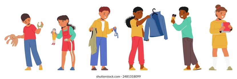 Group Of Children Tidying Up Their Room By Organizing Toys And Clothes. Kids Characters Engaged In Decluttering And Learning Responsibility Through Household Chores. Cartoon People Vector Illustration