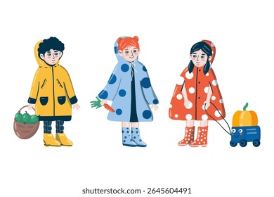 A group of children together in autumn clothes collecting harvest, cute children’s illustration, vibrant palette. For children’s, autumn, seasonal themes, prints, harvest collection concepts.