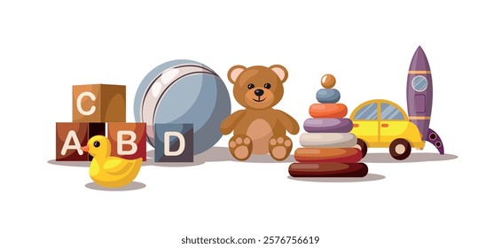 Group children toys isolated on white background. Including teddy bear, ball, cars and other.