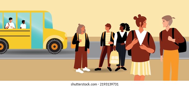 Group of children and transportation to school, flat vector stock illustration with yellow school bus