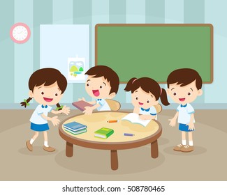 Group of Children and Tutor with tablets in a classroom. Education using the devices. Preschool lesson. Contemporary education using the devices.Children working in group in classroom illustration.