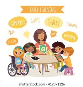 Group of Children and Tutor with tablets sitting at the desk. School lesson illustration. Preschool lesson. Modern education using devices. Caring for the disabled child Handicapped Kid. Vector