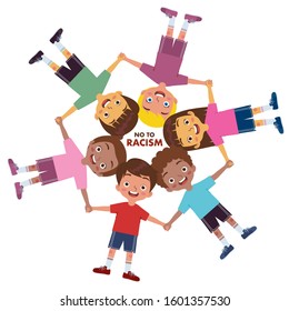 A group of children from various ethnic groups holding hands while smiling and making circles and rejecting racism