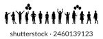 Group of children various poses standing in row vector silhouette set.	