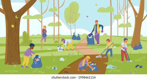 Group Of Children Volunteers With An Adult Collecting Trash In Forest. Vector Illustration.