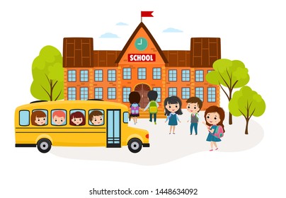 Group of children walking in front of the school building. Child going to the yellow school bus. Pupil in uniform. Isolated vector illustration in cartoon style