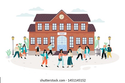 Group of children walking in front of the school bulding. Idea of education and learning. Child walking with backpack. Pupil in uniform. Isolated vector illustration in cartoon style